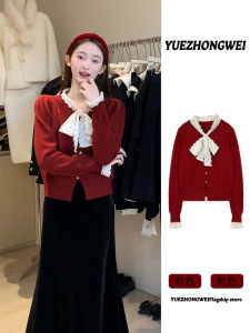 Red Lace Butterfly Knot Short Knitted Sweater Womens Autumn Winter Small Size Loose Fit Cardigan Online Exclusive