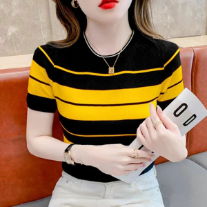 NUANKONG | Slimming Round Neck Striped Short Sleeve T-shirt Knit