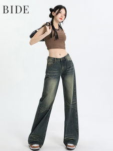 Retro American Low Waist Wide Leg Denim Jeans Women High Street Design Embroidery Loose Slim Straight Floor-Length Pants