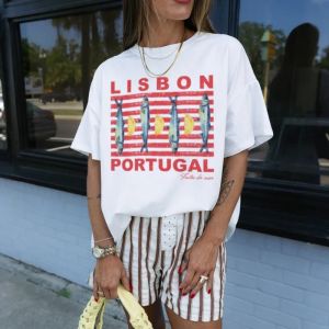 Womens Retro Lisbon Sardine Graphic Tee Cute Aesthetic Coastal Travel T-Shirt Short Sleeve Cotton Vintage Top for Ladies