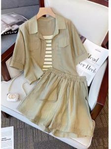 Summer New Fashionable Sun Protection Shirt Top Casual Shorts Womens Three-piece Set Stylish Small Size Lightweight Clothes