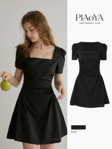 PIAOYA | Black Square Neck Puff Sleeve Slim Fit Summer Dress