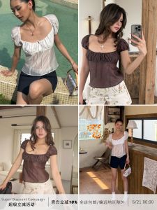 Audwyn Silk Square Collar Short Sleeve Womens French Vintage Spicy Girl See-through Drawstring Bubble Sleeve Top Summer