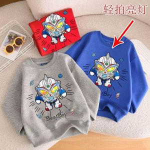 NASA Boys Cool Light-Up Hoodie Thickened Fleece Autumn Winter Cartoon Print Sweatshirt Childrens Glowing Inner Layer Top