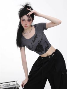 American Retro Grey Knitted Short Sleeve T-Shirt Women Summer Ice Silk Spicy Girl Slimming Belly Button Baring Short Style