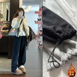 กางเกงกีฬาผ้าฝ้ายแท้สีดำสำหรับผู้หญิง กางเกงขายาวทรงหลวมเอวสูง กางเกงขายาวทรงหลวมพิมพ์ลายฤดูใบไม้ผลิและฤดูใบไม้ร่วง กางเกงขายาวทรงหลวมสำหรับผู้หญิง