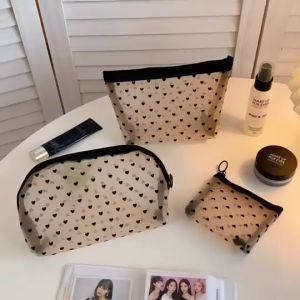 Cosmetic Bag Grenadine Cute Heart Simple Big Capacity Protable Mesh Coin Purse Key Bag Card Bag Coin Purse Storage Bag