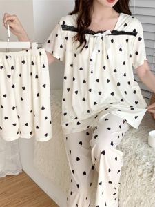 Summer Plus Size Pajamas Womens Short Sleeve Thin Ice Ribbon Chest Pad Fat mm 100.00kg Loose 150.00kg Homewear Suit