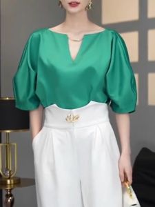 Elegant Purple Lantern Bubble Sleeve V-Neck Top Women Summer Fashionable Personality Short Sleeve Korean Style Commute Wear