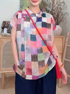 QINGNAER | Colorful Checked Oversized Short Sleeve Blouse