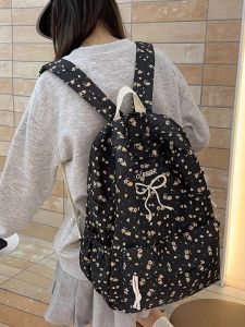 Sweet Floral Embroidery Womens Backpack Butterfly Knot Soft Shoulder Bag Casual Style Large Size Nylon Material Korean Style