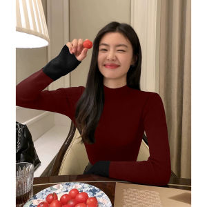 chaqi | Red Contrast Color Half Turtleneck Slim Fit Knit Sweater