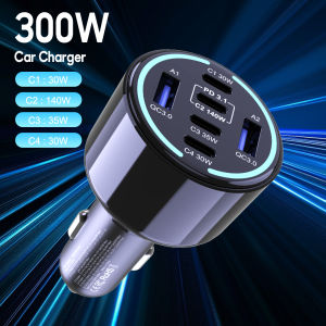 300W Car Charger 140W Fast Charging PD3.1 QC4.0 USB Type-C Phone Charger For Starlink MacBook iPhone 16 15 Samsung Xiaomi Laptop