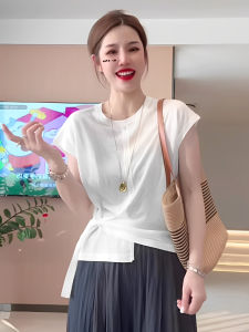 Asymmetric Ice Silk Short Sleeve Knitted T-Shirt Womens Loose Fit Summer Top Thin Asymmetrical Design round Neck Regular Length