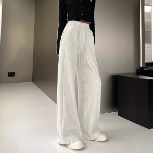 กางเกงขายาวทรงหลวมเอวสูงสไตล์อเมริกันสำหรับเต้นวัฟเฟิลฤดูร้อน กางเกงขายาวลำลองเอวยางยืด กางเกงขายาวทรงหลวม