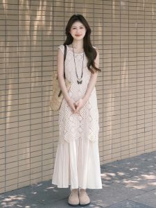 XIAOQIAOJIA | French Vintage Hollow Out Sleeveless Dress Women Summer Elegant Beautiful Suitable Matching Two Piece Set High Waist A Line Skirt