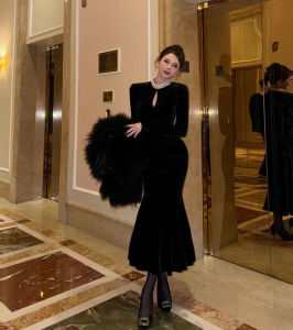 Hebe Style Black Wrap Arm Long Dress Womens Spring Autumn High Waist Slim Fish Tail Gown Elegant Ladylike Commute Pure Color