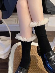 2024 New Lace Trim Mesh Mid-Calf Ballet Miu Style Milk White Grey Mary Jane Shoe Socks Cotton Womens Mid-Tube Stockings
