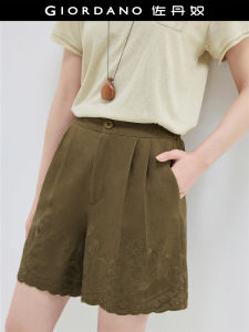 Giordano Embroidered Hem Casual Shorts Womens High Waist Loose Fit Summer New Arrival Designer Style Cotton Blend Pants