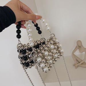 Metal Ins Silver Handmade Beaded DIY Material Bag Hollow Pearl Handmade Bag Woven Bead Crossbody Bag