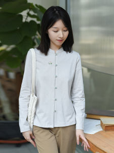 เสื้อยืดคอตั้งปักลายสไตล์จีนแบบเบาๆ ทรงปกติ แขนยาว ผ้าฝ้าย 100% สำหรับผู้หญิง ฤดูใบไม้ผลิ ฤดูใบไม้ร่วง ฤดูหนาว