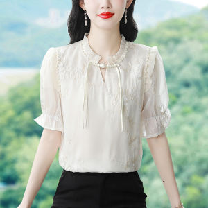 Elegant Short Sleeve Embroidered Chiffon Shirt Womens Fashionable Chinese Style Button up Top Stylish Little Shirt