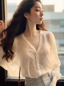 Elegant French Style Womens Shirt Spring 2025 V-neck Lace Top See-through Design Cover Belly Advanced Sense Long Sleeve