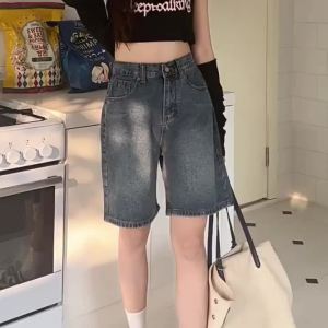 W&X Sweet Cool Style Summer High Waist Half Length Shorts Womens Slightly Oversized Girls Elastic Waist Loose Slim Looking Plus Size Straight-Leg Denim Middle Pants