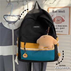 Trendy Color Block Design Backpack for Girls College Students High School Simple Versatile Bookbag Water Resistant Soft Polyester