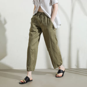 Miccbeirn | กางเกงขายาวทรงตรงผ้าลินินแท้สำหรับผู้หญิงไซส์เล็ก สไตล์ย้อนยุค กางเกงขายาวทรงหลวม ทรงสลิม เอวสูง ความยาว 9 ฟุต