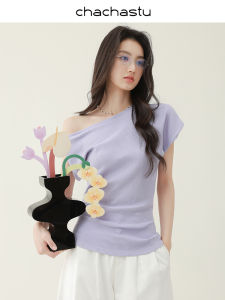 Áo Thun Nữ Tay Ngắn Ôm Vừa Vặn Màu Tím Phong Cách Pháp Hở Vai Mùa Hè Chất Lượng Cao Cổ Chữ V Thường