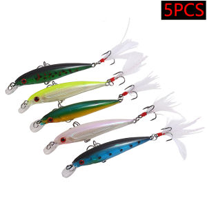 5PCS Slow Sinking Minnow With Feather Hard Bait Artificial Wobblers For Pike Striped Bass Swimbait Crankbait Fishing Lures Set