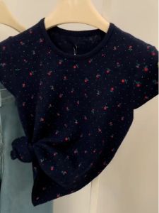YUFUQING | Slim Fit Floral Knitted Short Sleeve T-Shirt Womens Style French Design Summer Fashionable Top Round Neck Korean Commute Style