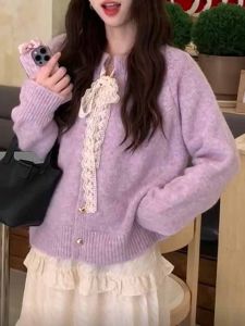 Lace-Bordered Knitted Sweater Coat for Women Soft Cozy Purple Trendy Korean Style Long Sleeve round Neck Button-Up Casual Wear