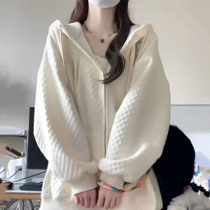 Slim Fit Hoodie Sweatshirt Womens Spring Autumn Pure Color Oversize Lazy Zipper Open Cardigan Jacket Comfortable Korean Style