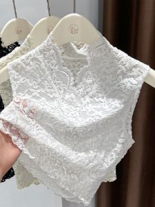 เสื้อกั๊กสั้นคอวีลูกไม้สีขาวสไตล์ฤดูใบไม้ร่วงสำหรับผู้หญิง เสื้อคลุมกันหนาวแบบสวมหัวแขนยาวทรงเข้ารูป แฟชั่นฤดูใบไม้ร่วง