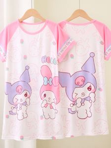 ชุดนอนเด็กผู้หญิง Sanrio Hello Kitty แขนสั้น แขนครึ่งตัว กระโปรงยาวปานกลาง ฤดูร้อน 2024 ผ้าไหมนม ลายการ์ตูน ลำลอง สำหรับเด็ก