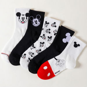 Disney | 5 Pairs of Korean Style Fashionable Cartoon Mickey Mouse Cotton Printed Womens Socks Fun and Cute Couple Striped Knitted Socks