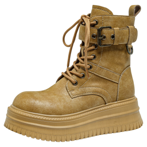 LANKAMO | Womens Thick Bottom Martin Boots Autumn New Style British Style Outdoor Workwear Short Boots Leather Boots Round Toe Boots