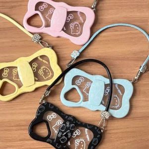 Kowiz Full Screen KT Cat Lanyard Butterfly Knot Silicone Phone Case for Apple 16por New Iphone 15Promax Protective Cover 14por Anti-Fall 13pormax