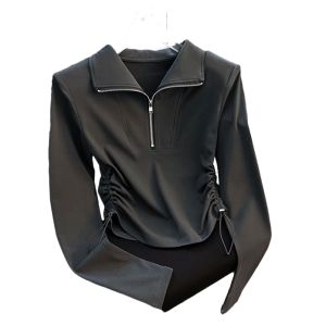 Áo Thun Dài Tay American Street Half Open Zipper Dành Cho Nữ Áo Ngắn Áo Thun Cotton Áo Thun Thường Ngày Áo Thun Cổ Henry