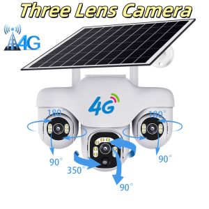 4G Solar Three Len PTZs Camera Outdoor Video Monitor 12MP 3 Screen CCTV 10X Zoom Security Surveillance Two way audio IP cam