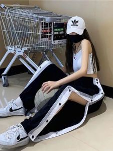 กางเกงบาสเก็ตบอลทรงหลวมสำหรับผู้ชาย ทรงตรง กระดุม ทรงบาง ฤดูใบไม้ผลิและฤดูร้อน กางเกงขายาวทรงหลวมสำหรับเยาวชน กางเกงขายาวทรงเก้าส่วน