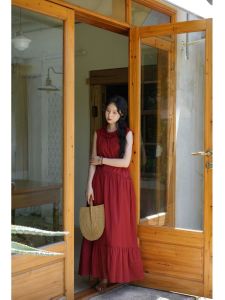 Corals Sea 100-Thread Hemp Red Skirt Cotton Linen Dress Summer Casual Style Sleeveless National Style Dress for Women