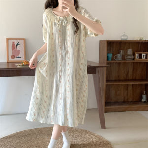 French Vintage Style Floral Nightdress for Girls Summer Internet Celebrity Sweet Lace Pajamas Breathable Plaid Midi Dress