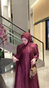 Leya dress tille mix brukat full puring aplikasi renda gamis kondangan wanita mewah dan elegan 2026