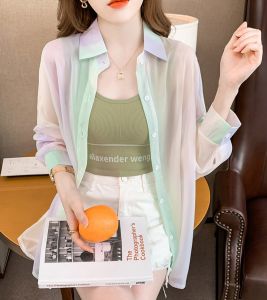 cherry W207เสื้อป้องกันแสงแดด เสื้อเชิ้ตผู้หญิง ทรงเสื้อเชิ้ต เสื้อเชิ้ตชีฟอง สไตล์เกาหลี เนื้อผ้าเบาบาง สวมใส่สบาย