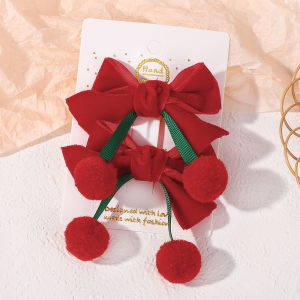 2pcs Girls Lovely Red Velvet Bows Hair Ball Hair Clip Christmas New Year Cute Double Ponytail Clip Handmade Hair Accessories