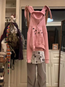 Retro American Pink Striped Rabbit Ear Hoodie Womens Spring Autumn Casual Elegant Short Coat Cotton Long Sleeve Zipper