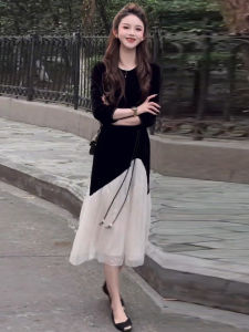 French Hepburn Style Black Velvet A-Line Long Dress Womens Spring New Small Size Patchwork Elegant Skirt Commute Wind